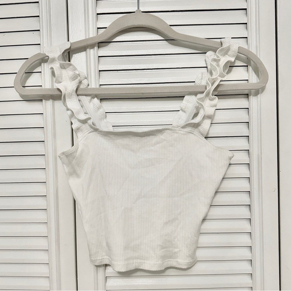 Garage White Tank Top with Frilled Straps